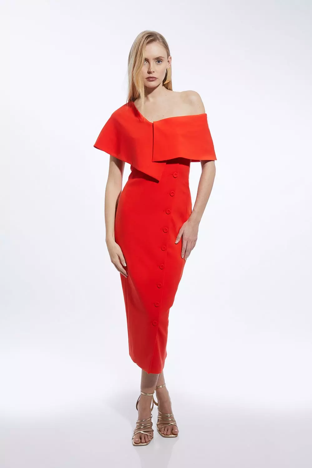 Tall Compact Stretch Off Shoulder Button Through Tailored Midaxi Pencil Dress Karen Millen